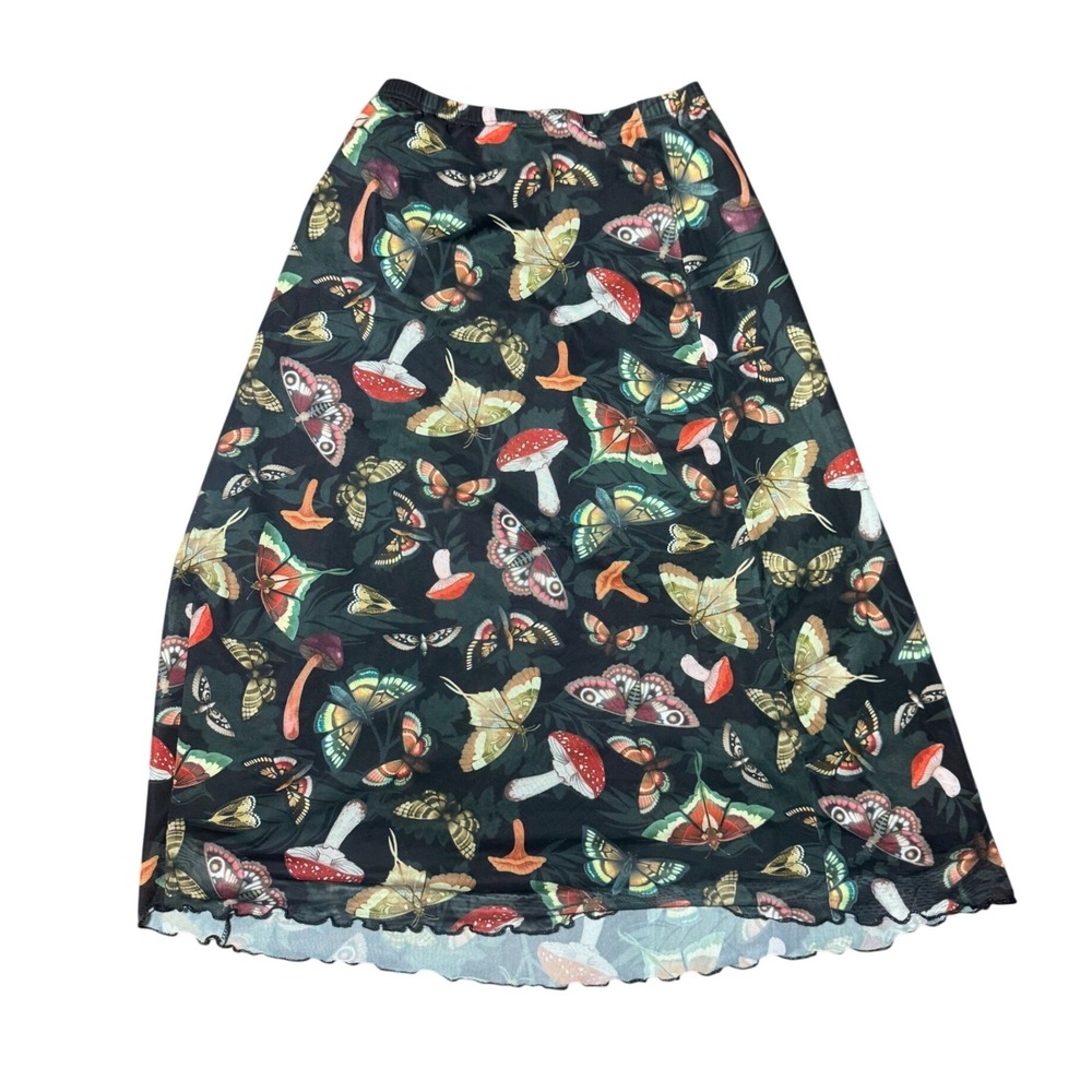 ROMWE Mushroom Butterfly Print Midi Skirt M Black Excellent Lettuce Hem Skirt